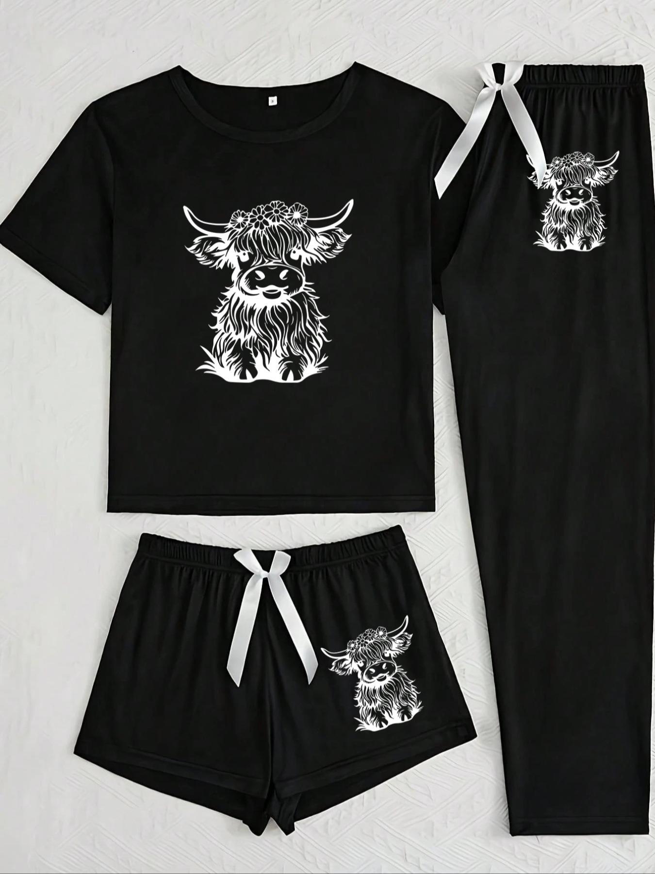 Women's Cow Print Round Neck Short Sleeve Tee & Shorts & Pants Pyjama Set, Pajamas, Casual Comfy Ladies Sleepwear for All Seasons