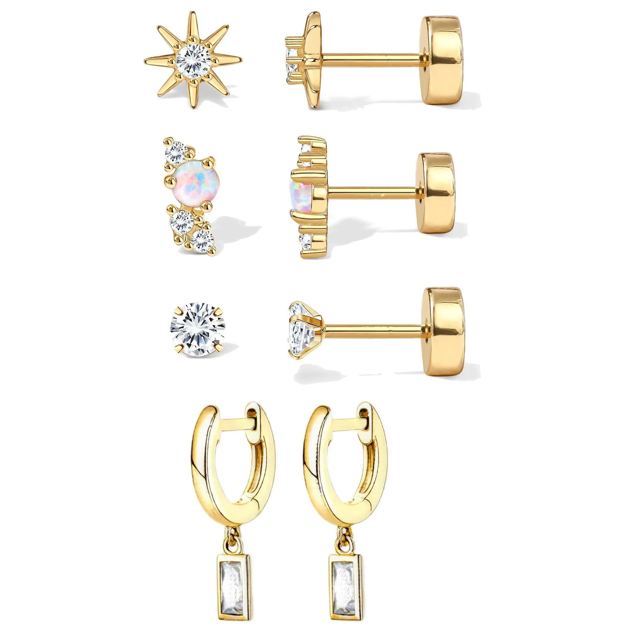 Fansilver 14K Gold Plated Stud Earrings for Women Trendy Flat Back Earrings Hypoallergenic Earring Set for Helix Cartilage Piercing Jewelry Cz Opal Butterfly Flatback Earring