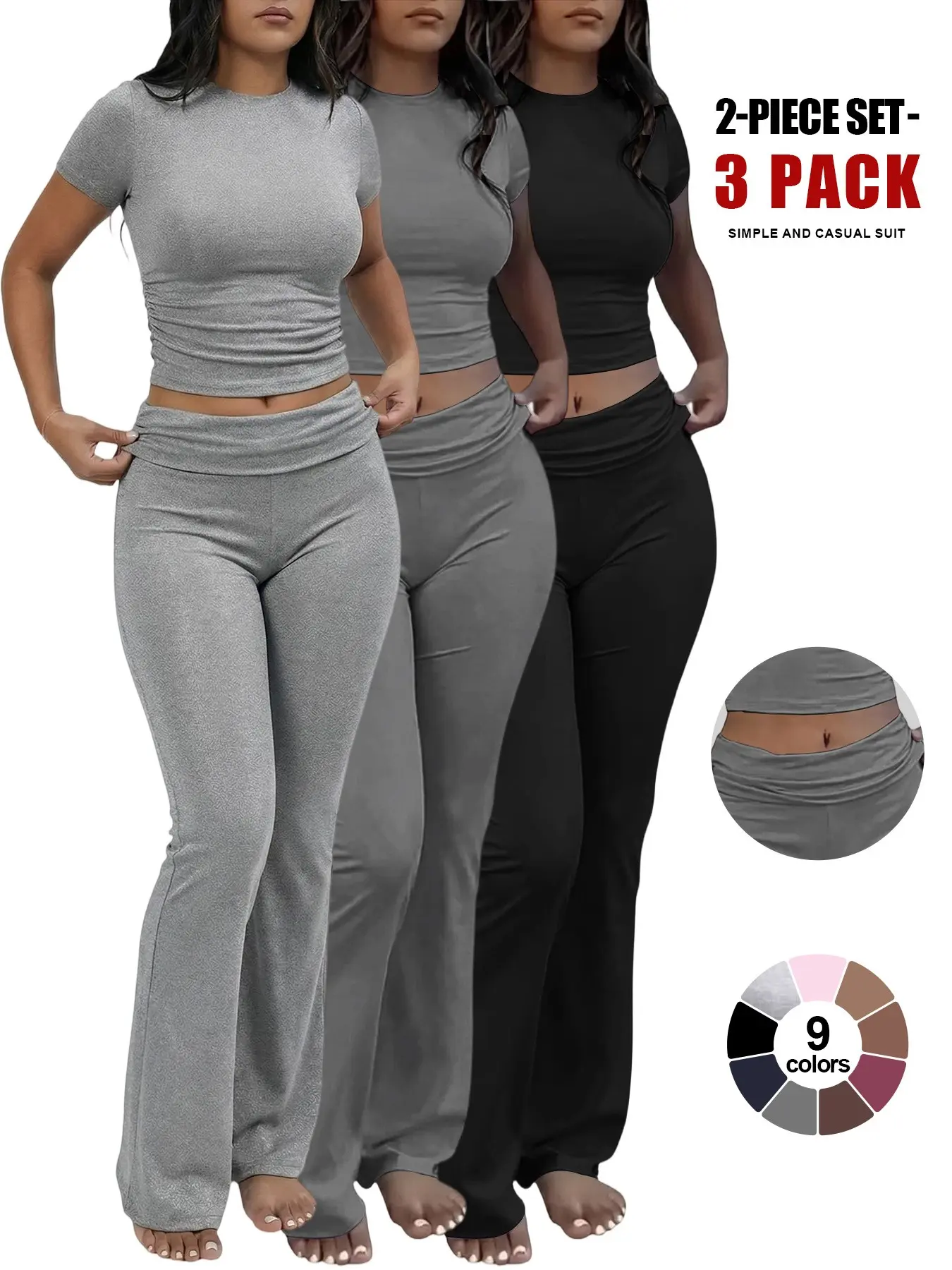 Women's Casual Solid Color Fitted Top and Bell Bottoms Set, Perfect for Spring/autumn, Stylish Female, Comfortable and Trendy