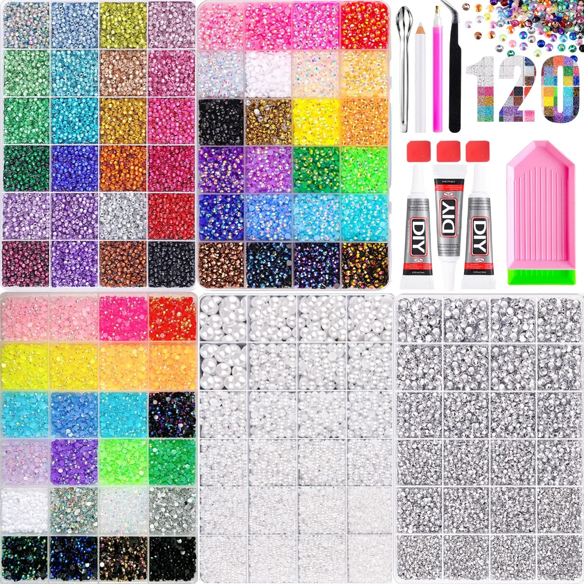 5Boxes-Bling AB Jelly Colorful Resin Nail Rhinestones Bedazzling Kit Multiple Sized Silver Flatback Nail Rhinestones Gems Simulated Semi-circular Pearls Nail Art Accessories with Tools DIY Phone Case Nails Home Decorations