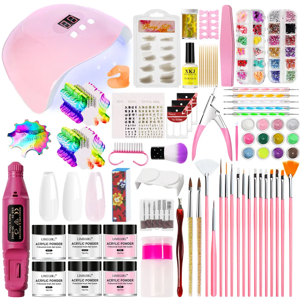 LIMEGIRL Acrylic Nail Set for Beginners Everything Nail Set U VLights and Grinders Professional Acrylic Powder GlitterDecoration Nail Art Starter Set Gifts for Ladies acrylicnailsnail kit for beginners