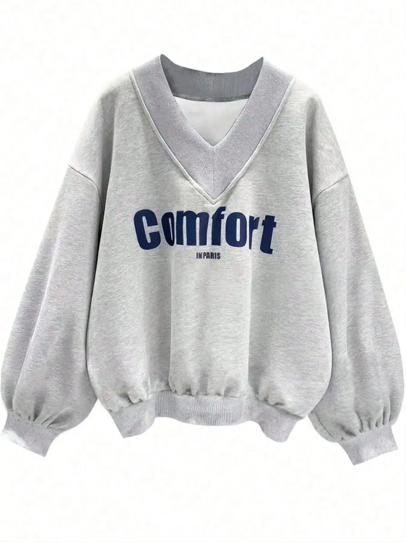 Casual V-Neck Pullover Sweatshirt, Vintage Letter Print, Loose Fit Slimming, Versatile Relaxed Style, Large Neckline, Hides Fatigue, Simple Design