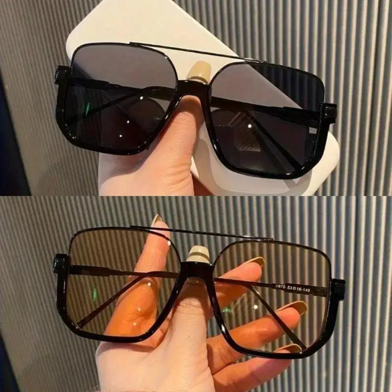 Vintage Oversized Square Sunglasses, Unisex Retro Double Bridge Metal Frame with UV Protection Lenses for Outdoor Style & Driving, Great For Everyday