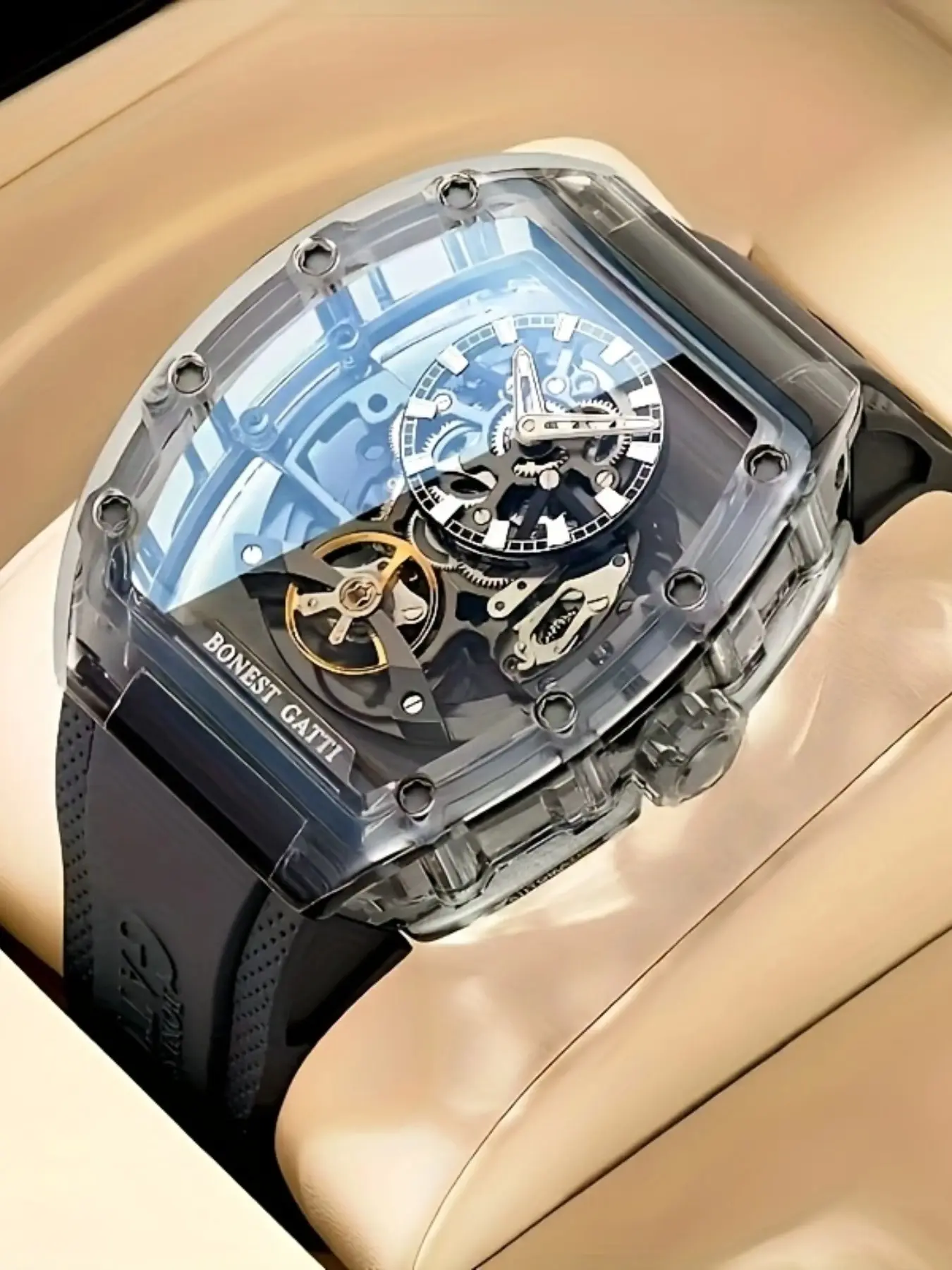 Bonest Gatti Men's Mechanical Watch, Transparent Case, Automatic Movement, Business Fashion, Luminescent, Waterproof, Gift Idea BG6005