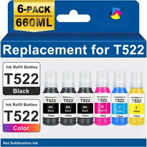 for Epson 522 High Capacity Ink Refill Bottles Work for EcoTank ET-2800 ET-2803 ET-2400 ET-4800 ET-2720 ET-2840 ET-3850 ET-2850 ET-2850 ET-4700 ET-4800 ET-15000 Printer 6 Packs