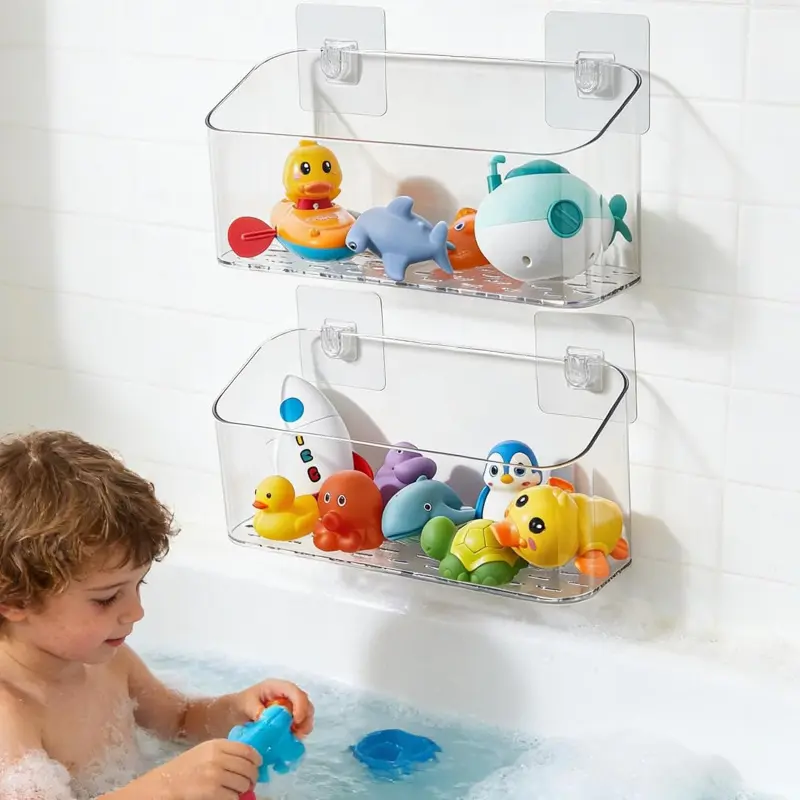 Bath Toy Storage Organizer, Bathtub Toy Storage Holder, Large Capacity Wall Mounted Shower Caddy Shower Organizer, No Drill Shelves Basket, Clear White, 2 Pack