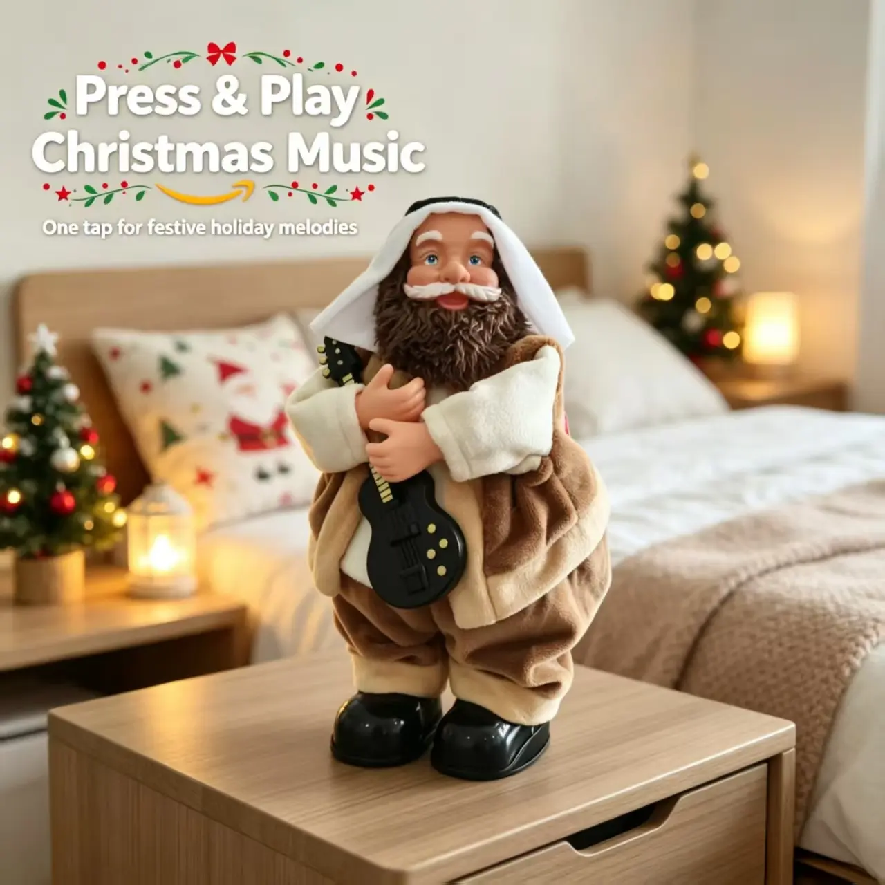 Arabic Styled Electric Singing Plush Doll, Guitar Holding Elderly Figure, Interactive Desktop Decor, Theme Party Decoration