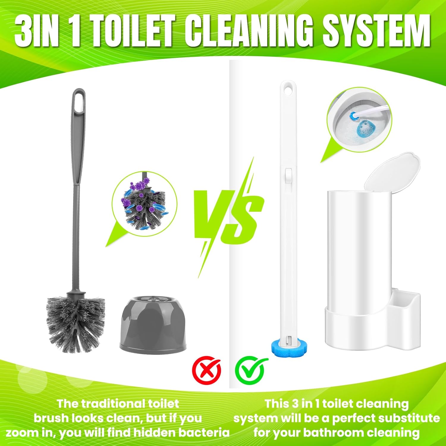 Disposable Toilet Brush, Toilte Wand Kit, Toilet Brushes and Holders with 48 Refills, Toilet Bowl Brush, Toilet Bowl Cleaning Wands, Toilet Cleaning System for Bathroom Maintenance
