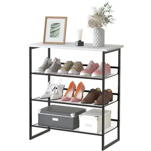 Shoe Rack for Entryway 4 Tiers 11.8" D x 25" W x 28" H, Metal Shoe Rocks with White Wooden Tabletop, Angled Shoes Rack with Adjustable Mesh Shelves for Entryway Hallway Closet