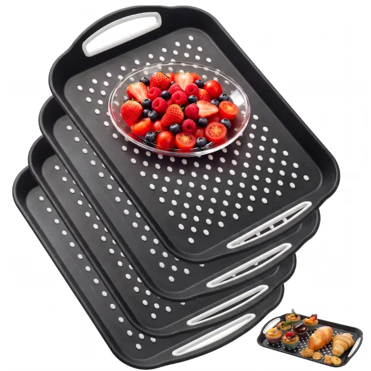 Garvee 4-Pack Non-Slip Serving Trays with Handles – Rectangular Plastic Food Trays for Restaurant, Coffee Table & Home Use – 15.7"L x 11.2"W x 2.1"H, Assorted Colors