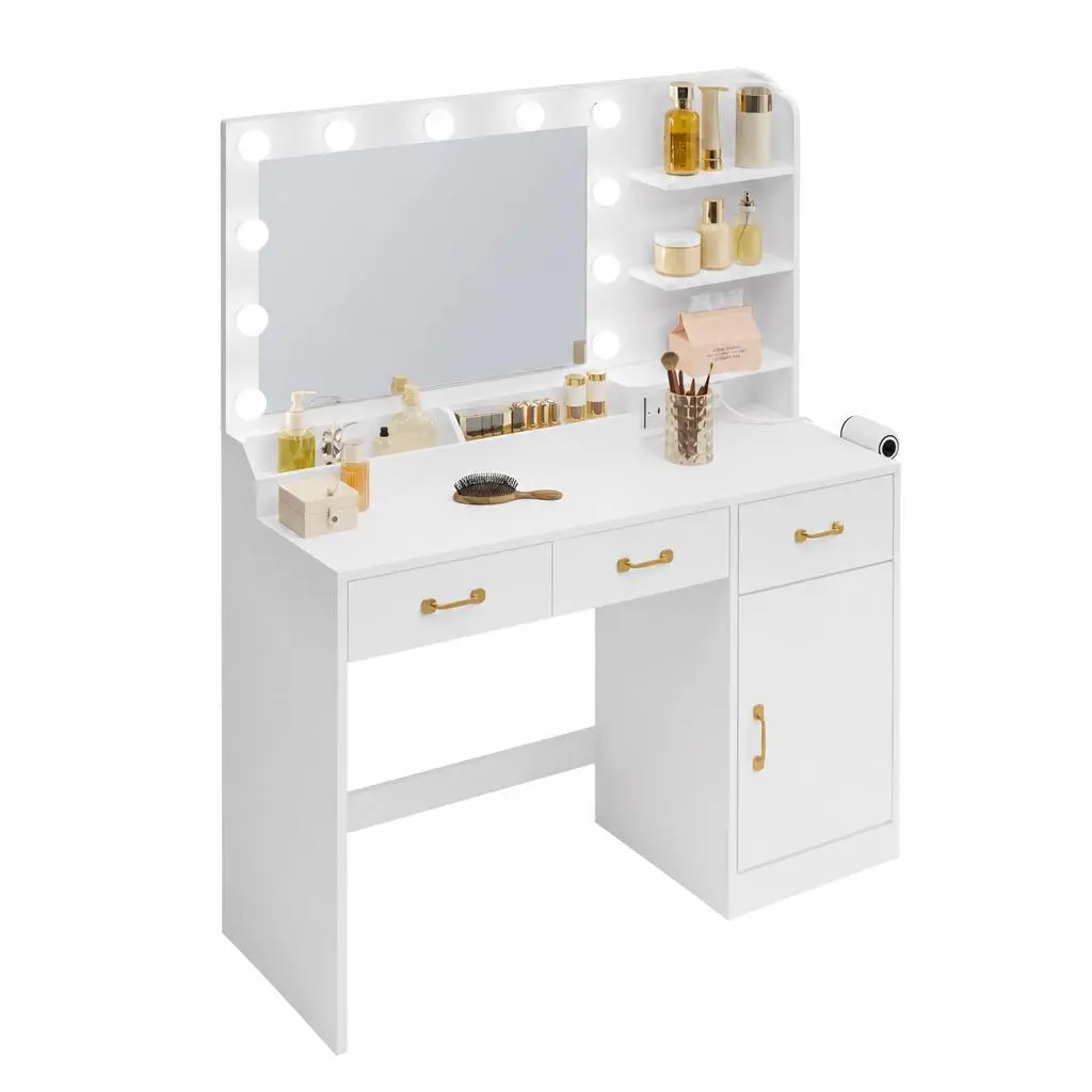 Modern Vanity Desk with LED Lighted Mirror & Charging Station – 3 Drawers, Cabinet, Open Shelves, Upholstered Storage Stool – Wooden Makeup Dressing Table for Bedroom