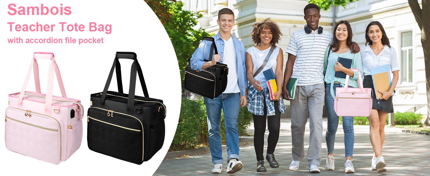 Teacher Tote Bag with Accordion File Organizer Pocket, Soft Nylon Utility Bag with 15.6 inch Laptop Compartment & USB Port, Large Work Tote Bag for Office Supplies Women (Pink)