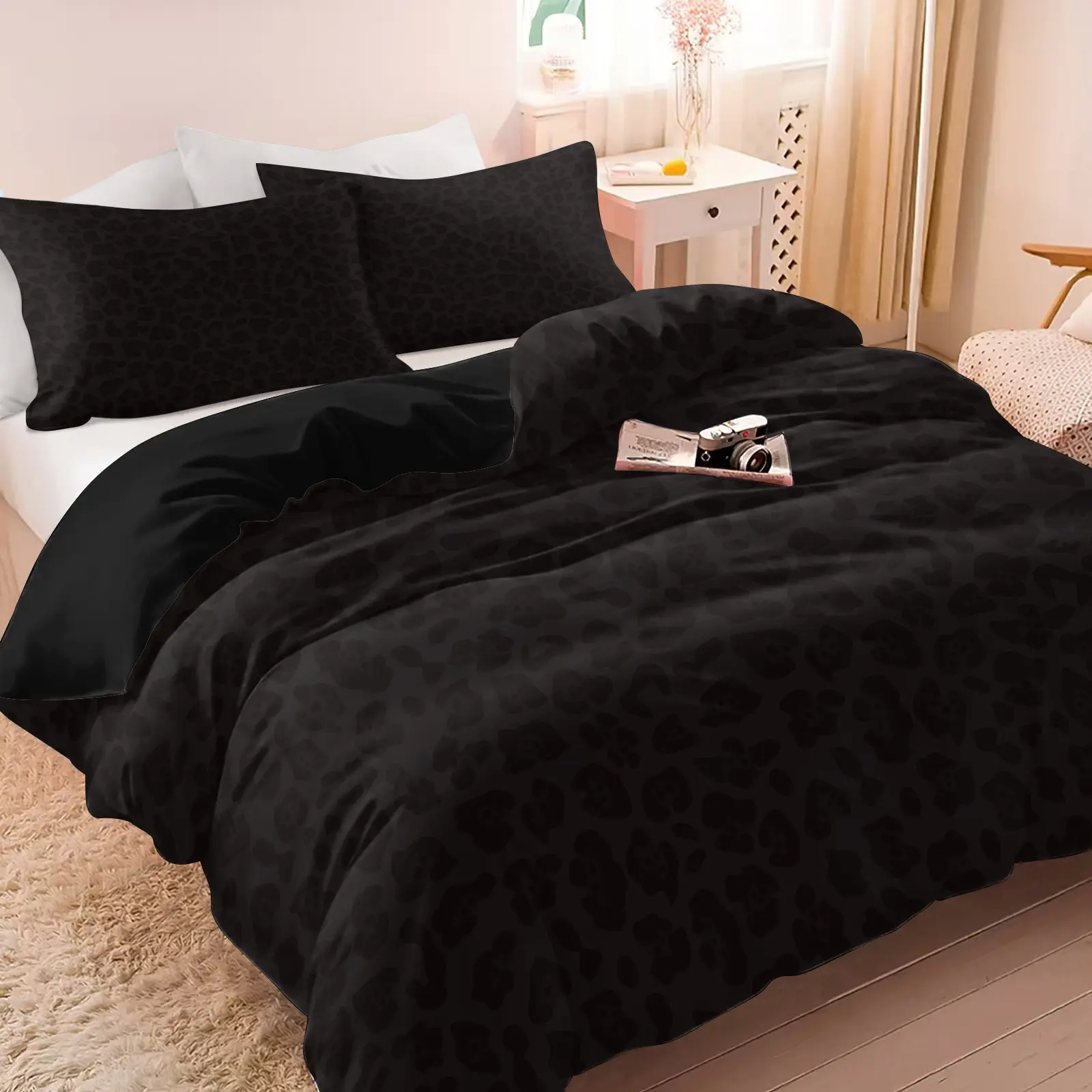 Y2K Dark Grey Black Leopard Print Duvet Cover Set (1 Duvet Cover + 1-2 Pillowcases), Soft Skin Friendly Breathable Bed Linen, Monochrome Grey Leopard HD Vivid Printed Bedding Set, Dark Grunge Edgy Bedroom & Dorm Home Decor