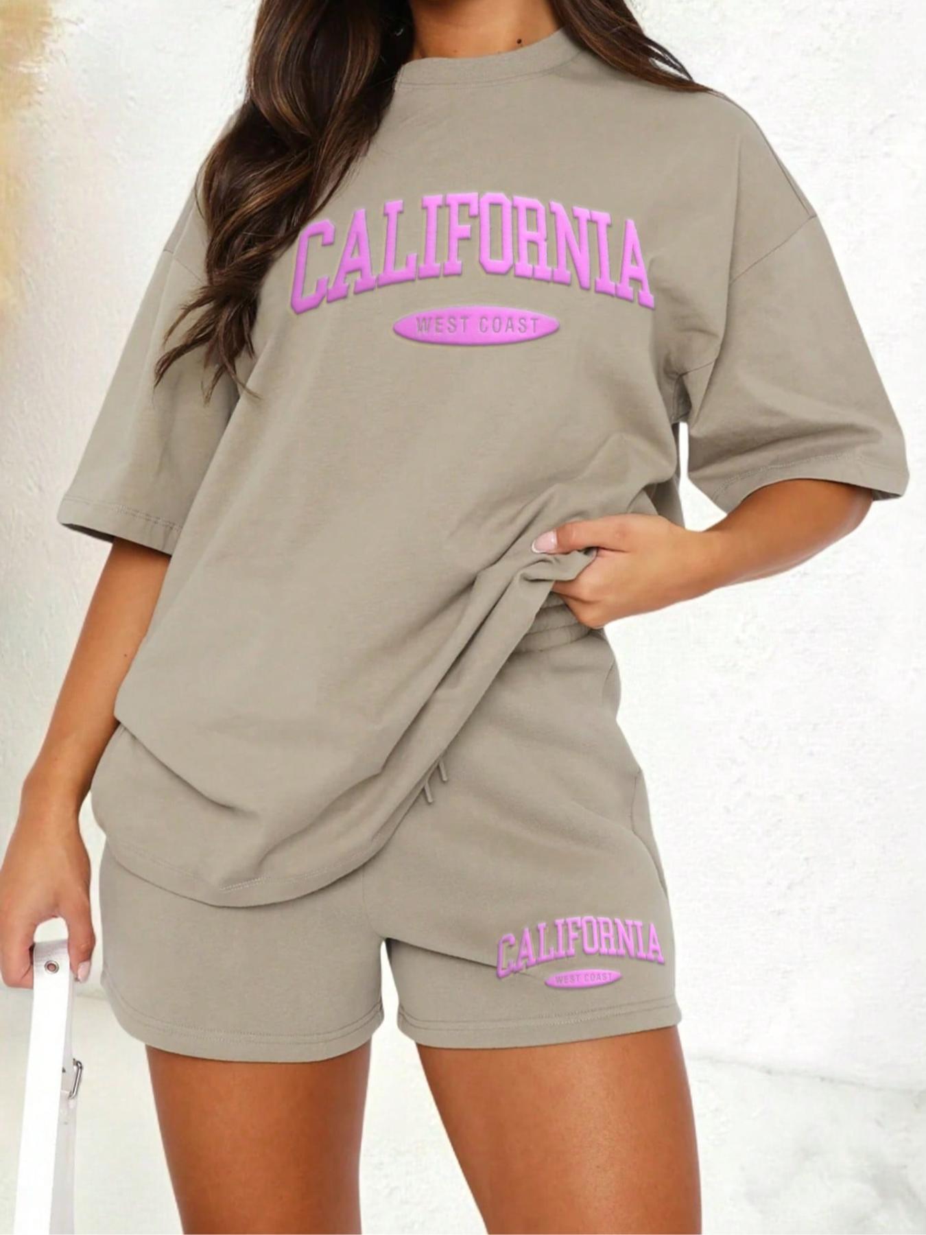 Women's Letter Print Tee & Drawstring Waist Shorts Set, Cozy T-shirt & Shorts for Daily Outdoor Wear, Ladies Summer Clothes, Suits