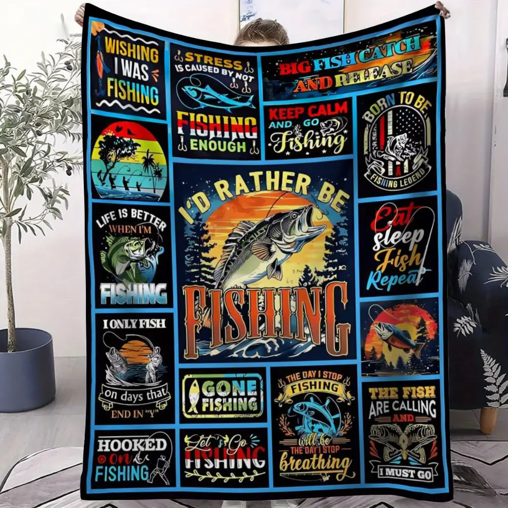 1pc Fishing-Themed Throw Blanket with Fish Phrases & Hooks - Heavyweight 280gsm Soft Bedspread for Couch Bed Camping - All-Season Cozy Gift for Anglers & (Trout Bass Salmon Design)