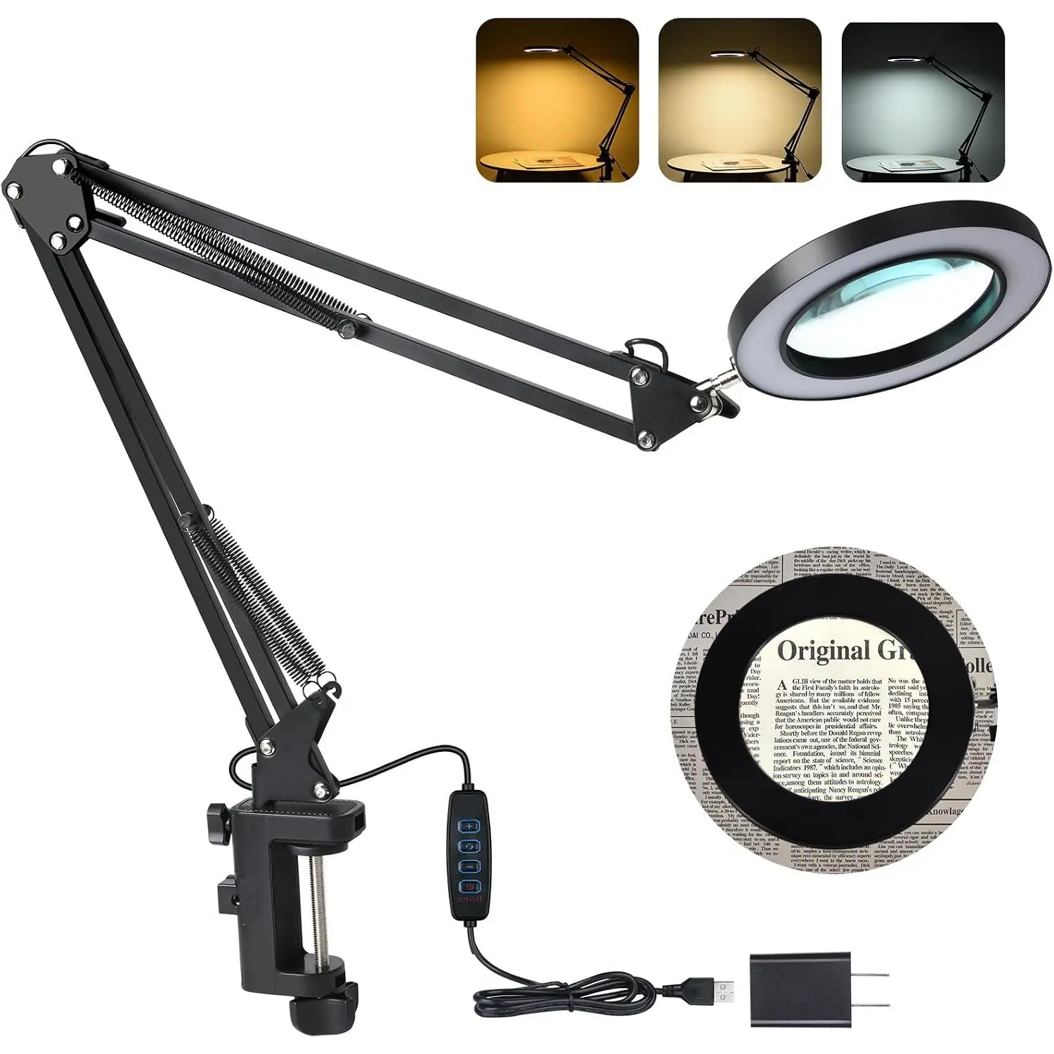 LED Magnifier Desk Lamp with Stand - 5-Diopter Real Glass Lens, 3 Color Modes, Stepless Dimming, Adjustable Swivel Arm, LED Lighting for Seniors, Close Work, Repair
