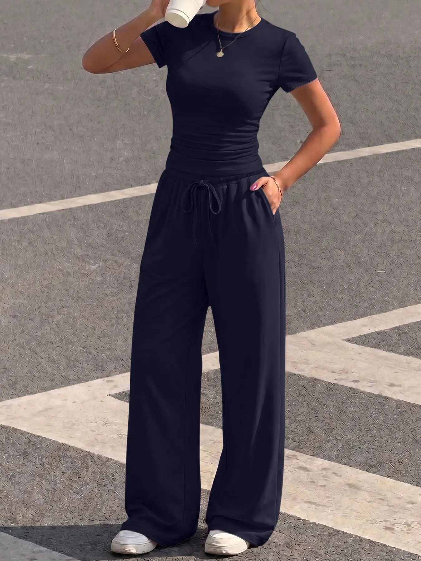 Summer Chill Short Sleeve Casual Lounge Set: Soft Ruched Top & Drawstring Wide Leg Pants | Breathable Relaxed Fit for Home & Street Basic