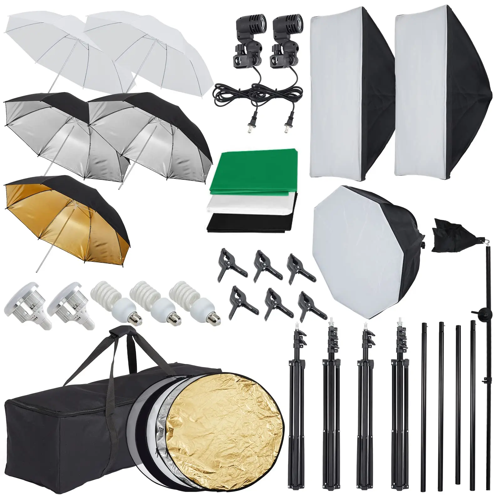 Complete Photography Lighting Kit with 8.5' x 10' Backdrop Stand, Backdrops, 5 Tripod Stands, Bulb, Umbrella Softbox Continuous Lighting for Portrait & Product Photo Shoots (Camera Accessory), Complete Kit