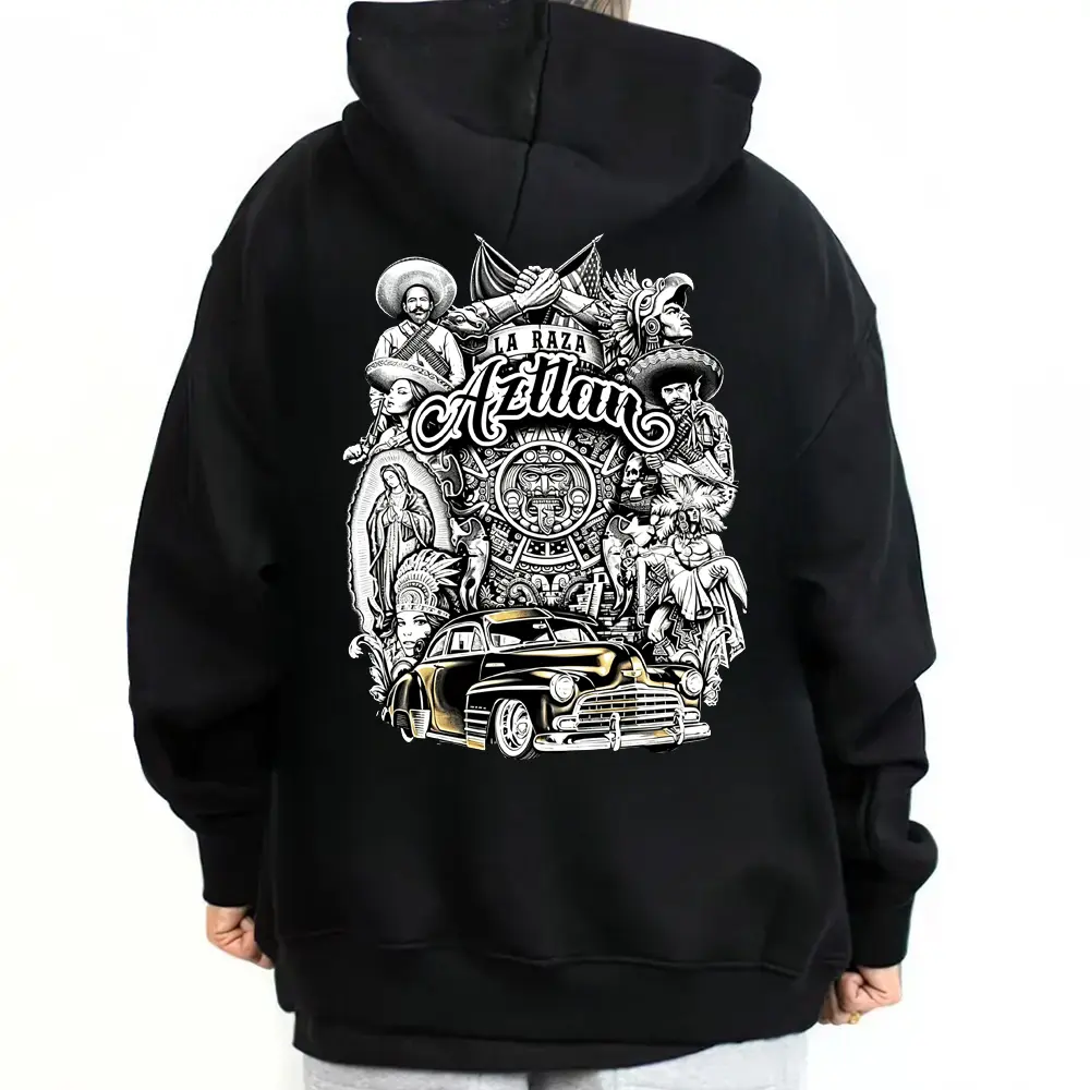 🖤 ⛓️ Men's Chicano La Raza Art Graphic Hoodie ,  Aztlan Lowrider  Streetwear for Work & Going Out, Shopping, Unisex Names, Sporty Chic