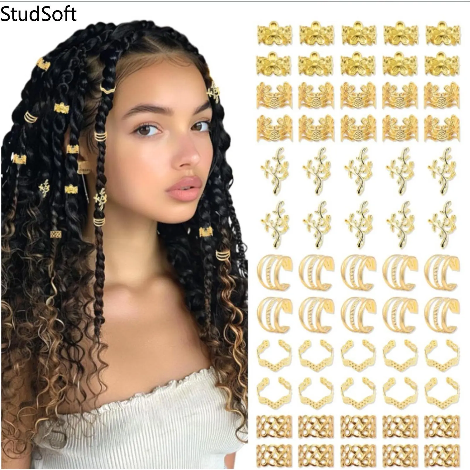 60 Pcs Gold Hair Jewelry Set for Braiding, Beaded Rings & Cuff Clips for Women & Girls, Dreadlocks, Passion Twists & Music Festivals, Beaded Cuff