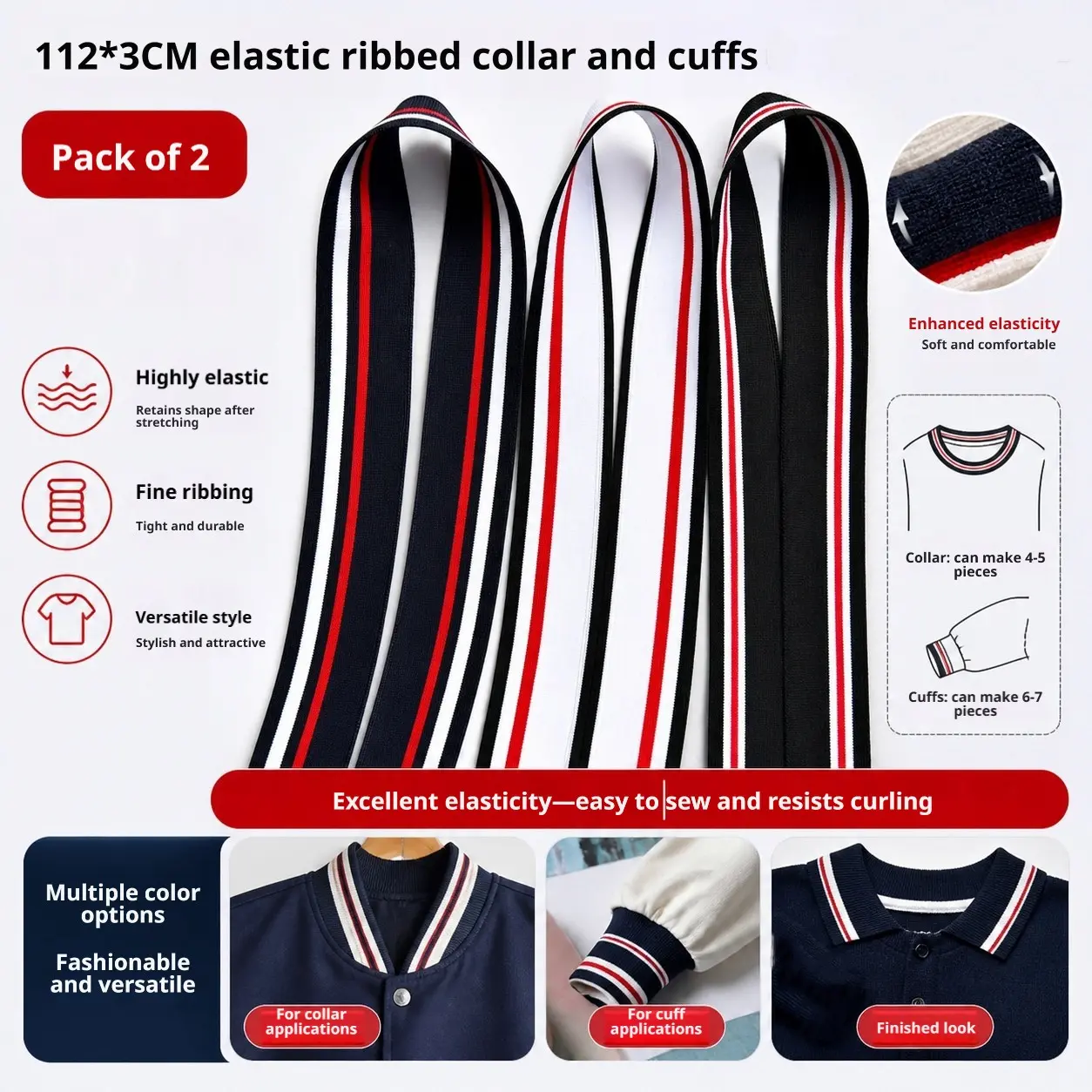 High Elasticity Striped Ribbed Neckband, 2 Pcs, 112*3cm, 95% Polyester 5% Spandex, Sewing Supplies for T-Shirts, Jackets, Polo Shirts
