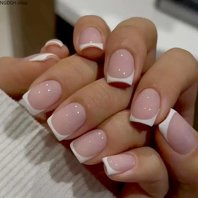 Short Nails - Pink Ombre Gradient Short Square Press On Nails Glossy Neutral Fake Nail Art Kit for Women Girls Daily