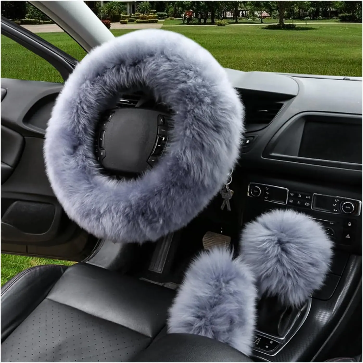 Ziciner 3PCS Wool Steering Wheel Cover with Fuzzy Handbrake Cover & Gear Shift Cover, Universal 15 Inch Steering Wheel Fluffy Soft Protector, Comforting Warm Car Decoration for Women Men (Gray)