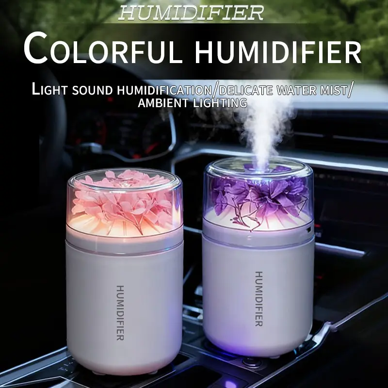 Portable Mini Car Humidifier, USB Mist Diffuser with Color Changing LED, Aesthetic Dried Flower Design, for Car, Bedroom, Office, Desktop