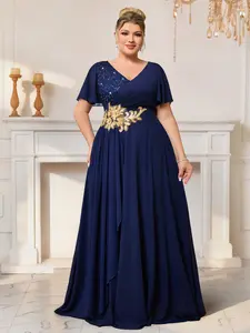 MISSMAY P24512A Plus Size V-Neck Butterfly Sleeve Sequin Floral Lace Patchwork Gold Appliques Waist Contrast Ruffle Hem Chiffon Formal Party Dress, Wedding Guest Dress, Feminine