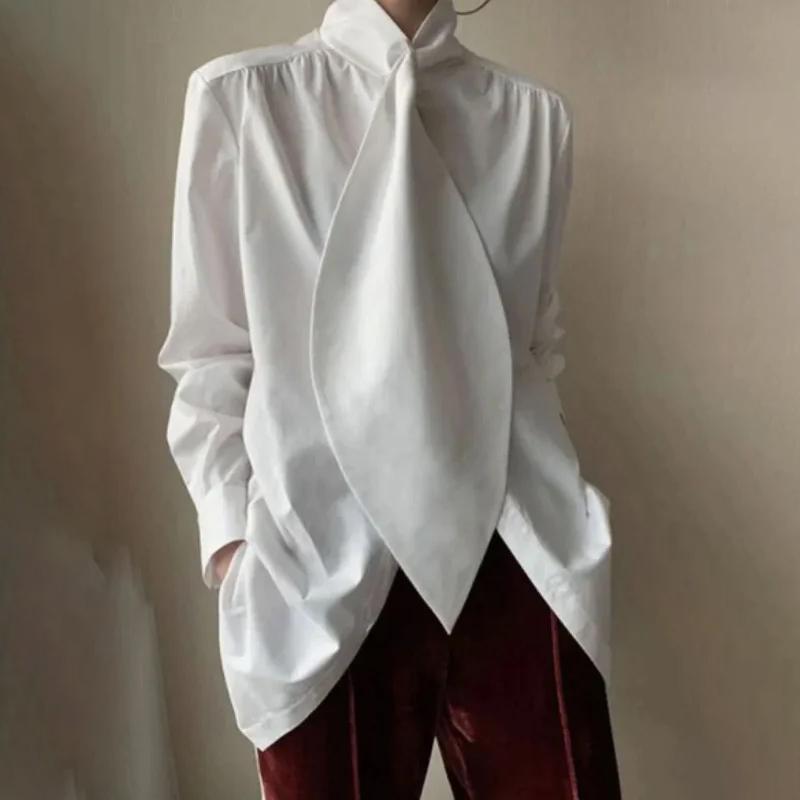 UOOZEE Women's White Loose Designer Tops - Fitted Long Sleeve Blouse, Non-Stretch Fabric, Minimalist Style, Casual Wear for All Seasons, Breathable Office Outfits, Cute Fall Outfits, Everyday Fashion