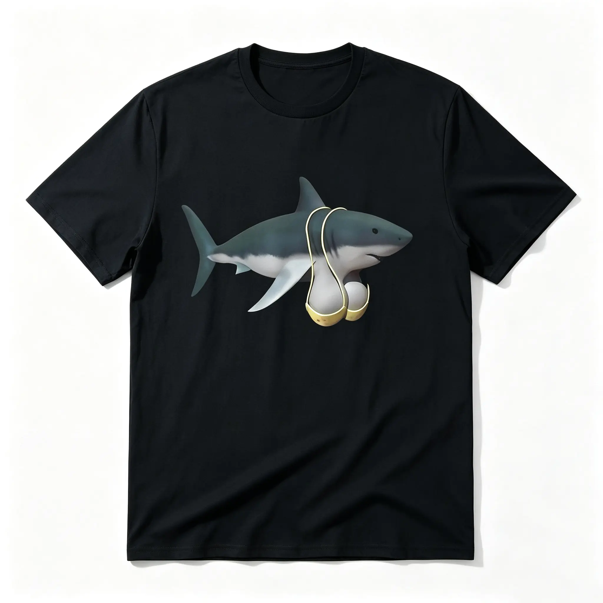 Funny Shark Wearing Bikini Graphic Short Sleeve Top, Weird Meme Ocean Animal Humor Slogan Tee, Beach Party Unisex Casual Outfit