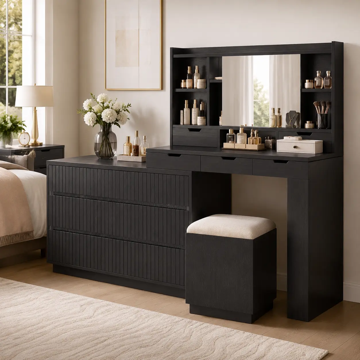 Fluted Dresser Vanity Table Set with Mirror, Makeup Vanity Desk with 3 Large Chest of Drawers, Storage Cushioned Stool, Modern Bedroom Makeup Dressing Table with Open Shelves for Cosmetics & Clothing