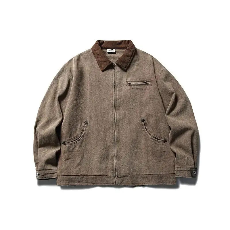 Vintage Washed Letter Embroidered Denim Jacket, Unisex Loose Fit, Workwear Coat Clothes Menswear Tops Gamis Beige Black Casual Long Sleeve