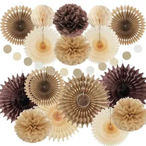 Brown Beige Neutral Party Decorations Paper Fans Honeycomb Balls for Rustic Birthday Wedding Boho Baby Shower Engagement Decor