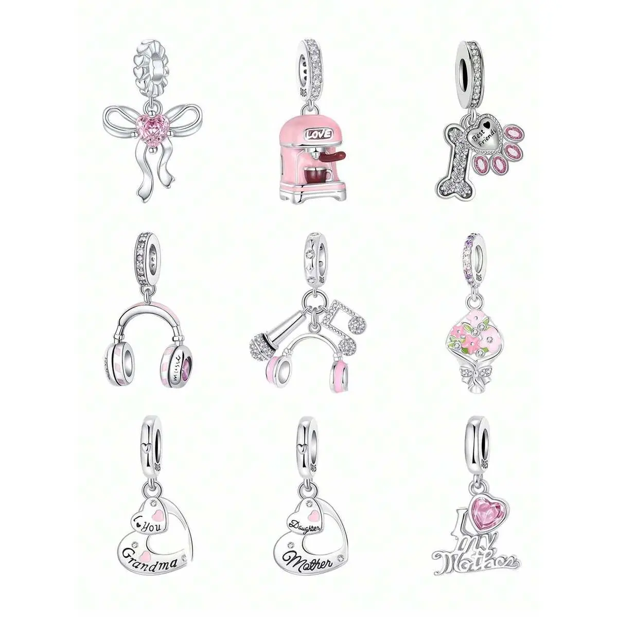 Silver-Plated Bow Heart Beaded Pendant Ball, Pink Series Cute Collectible Charm for Grandma/Mom, Beaded Jewelry Accessories, DIY Link Charm for Women's Bracelet Making