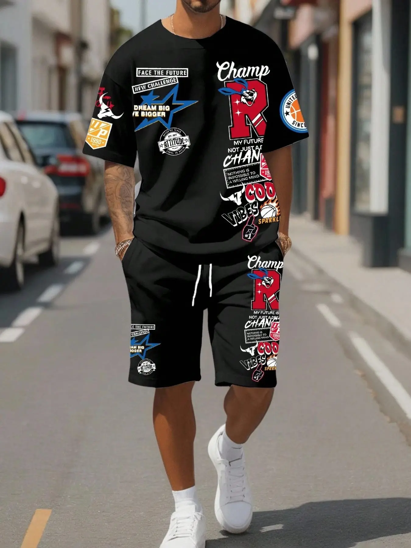 Retro Preppy Graphic Printed Men's two-piece Casual Sporty Set, Crew Neck T-shirt and Drawstring Shorts, Hip-hop Street Style Suit.