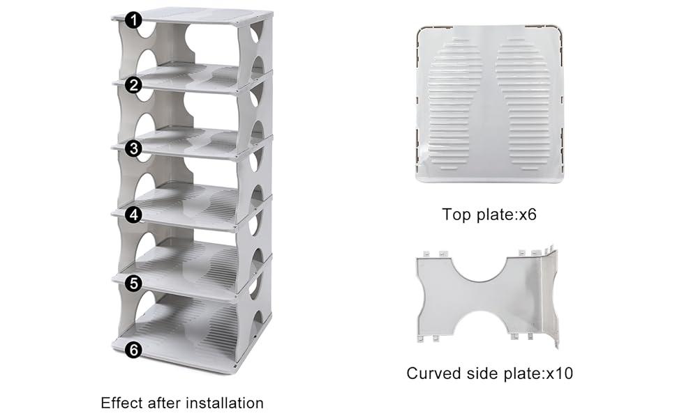 6-Tier Shoe Rack, Stackable Storage Organizer for Bedroom Entry, Adjustable Rack, Shoe Slots Shelf, Easy Tower Rack, Grey
