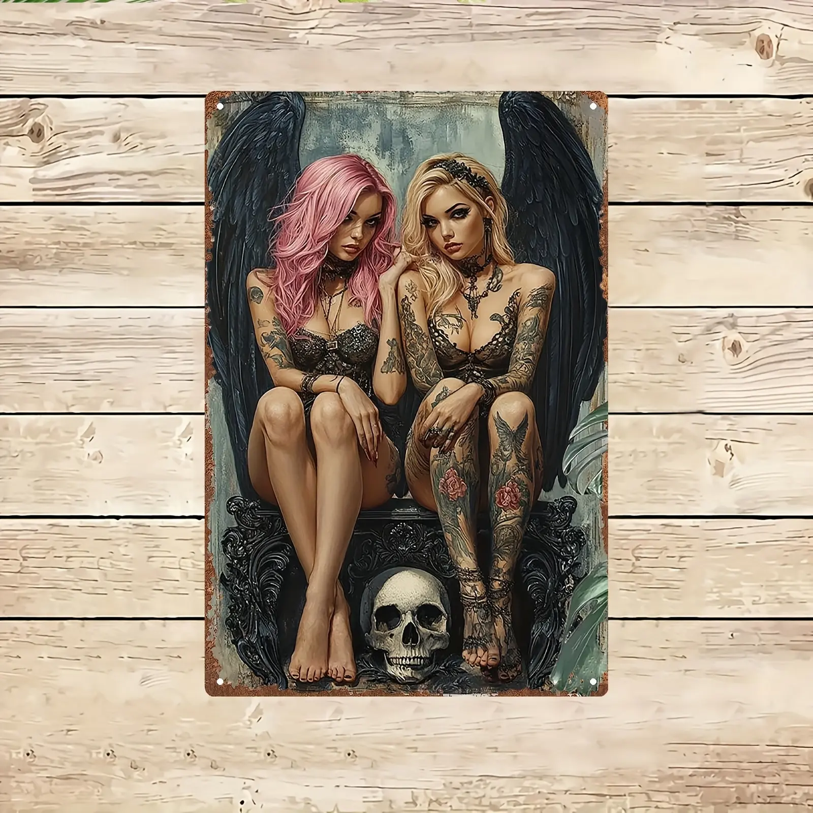 2D Flat, 1pc Vintage Gothic Metal Wall Decor - Tattooed Women with Pink Hair & Dark Winged Legs, Edgy Gothic Poster for Home, Bar, Garage - Heavy Metal Art Sign  - No Wiring Needed, Home Decoration, Alternative Home Decorators
