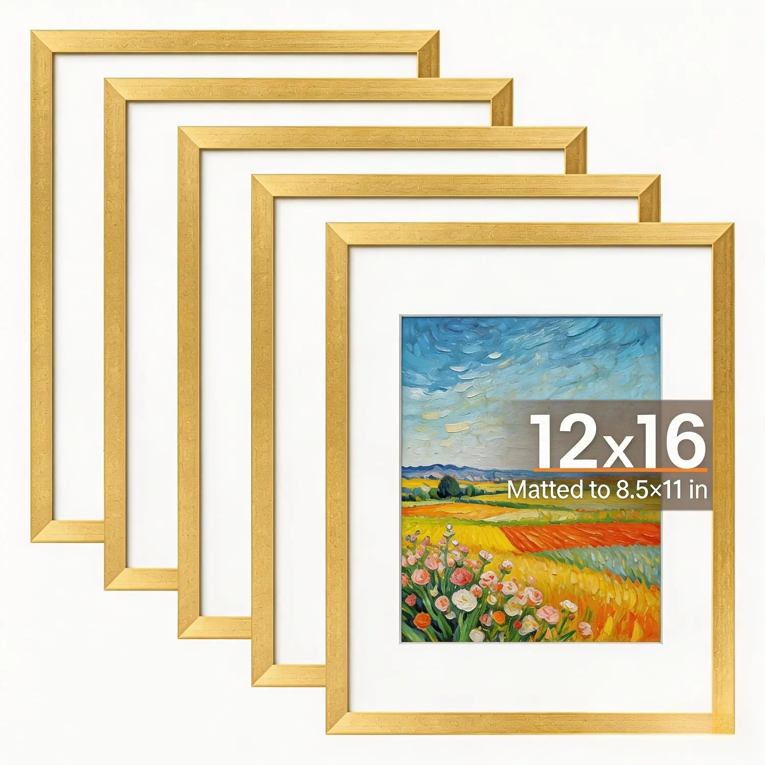 12x16 Picture Frame Set of 5, Display Pictures 8.5x11 with Mat or 12x16 Without Mat, Wall Gallery Photo Frames, 8×12/12×16 Inch, Golden