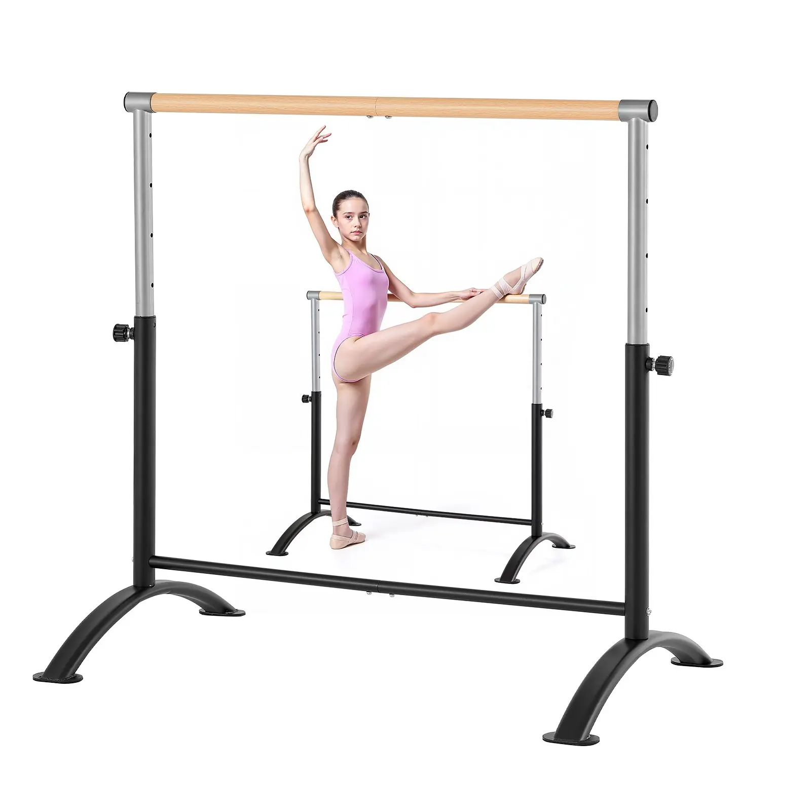 VEVOR Wood Grain Freestanding Portable Ballet Barre, 4 Ft Height-Adjustable Anti-Wobble Tool-Free Setup, Indoor Furniture for Home Ballet, Dance/Pilates Workouts