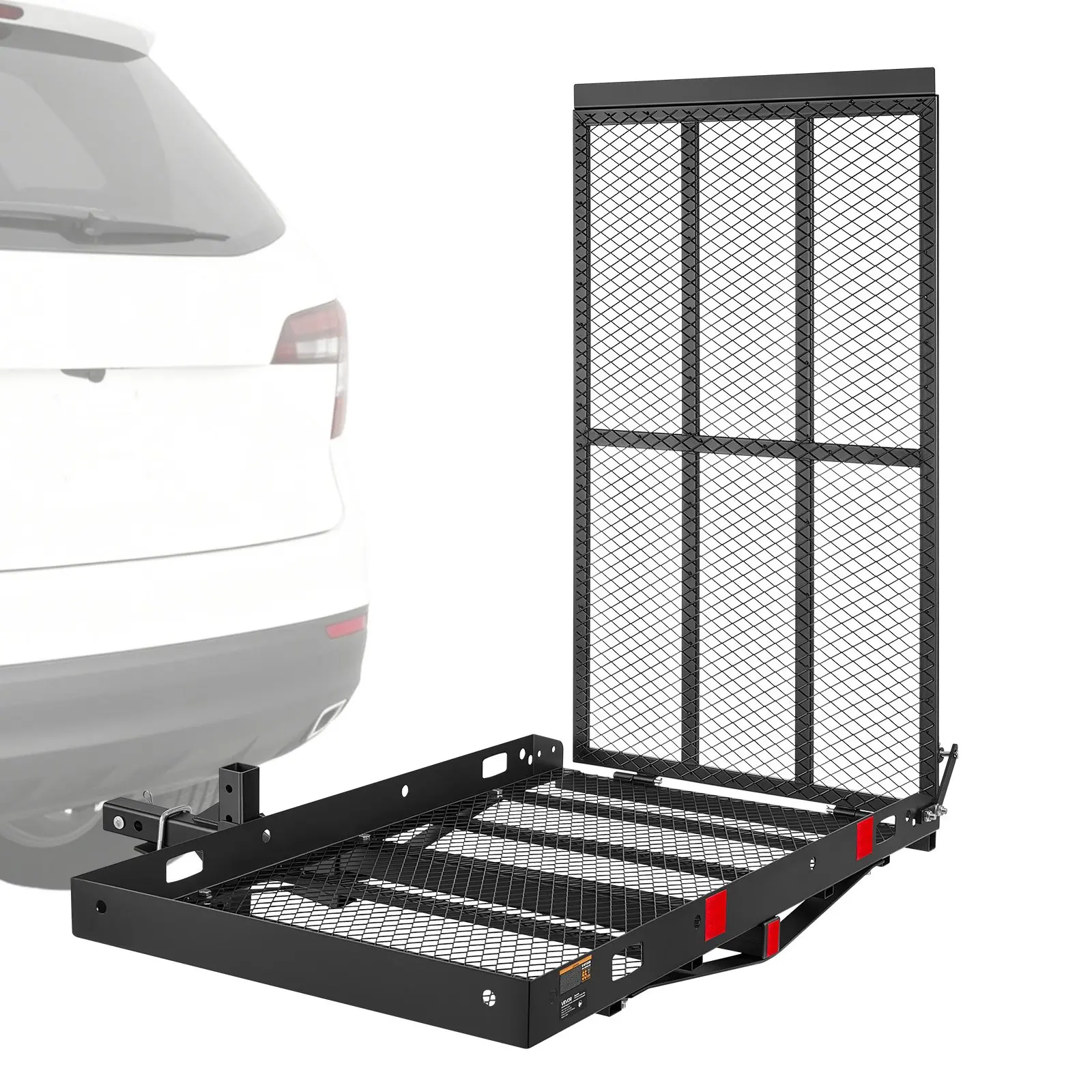 VEVOR Heavy Duty Steel Frame Hitch Mount Wheelchair Carrier, Adjustable Lift with 500LBS Max Capacity, Folding Ramp & Stabilizer Kit, 48"x28" Cargo Basket for 2" Hitch Receiver Trucks SUVs Cars (Fits Mobility Devices)