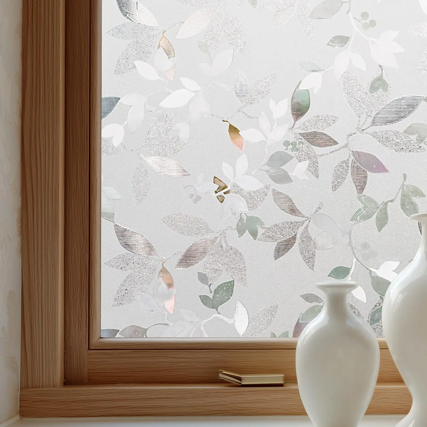 OHTMERU Magnolia Window Privacy Film, Static Cling Stained Glass Sticker, Opaque Non-Adhesive Heat Control UV Blocking Decorative Film for Front Door Bathroom Home Windows