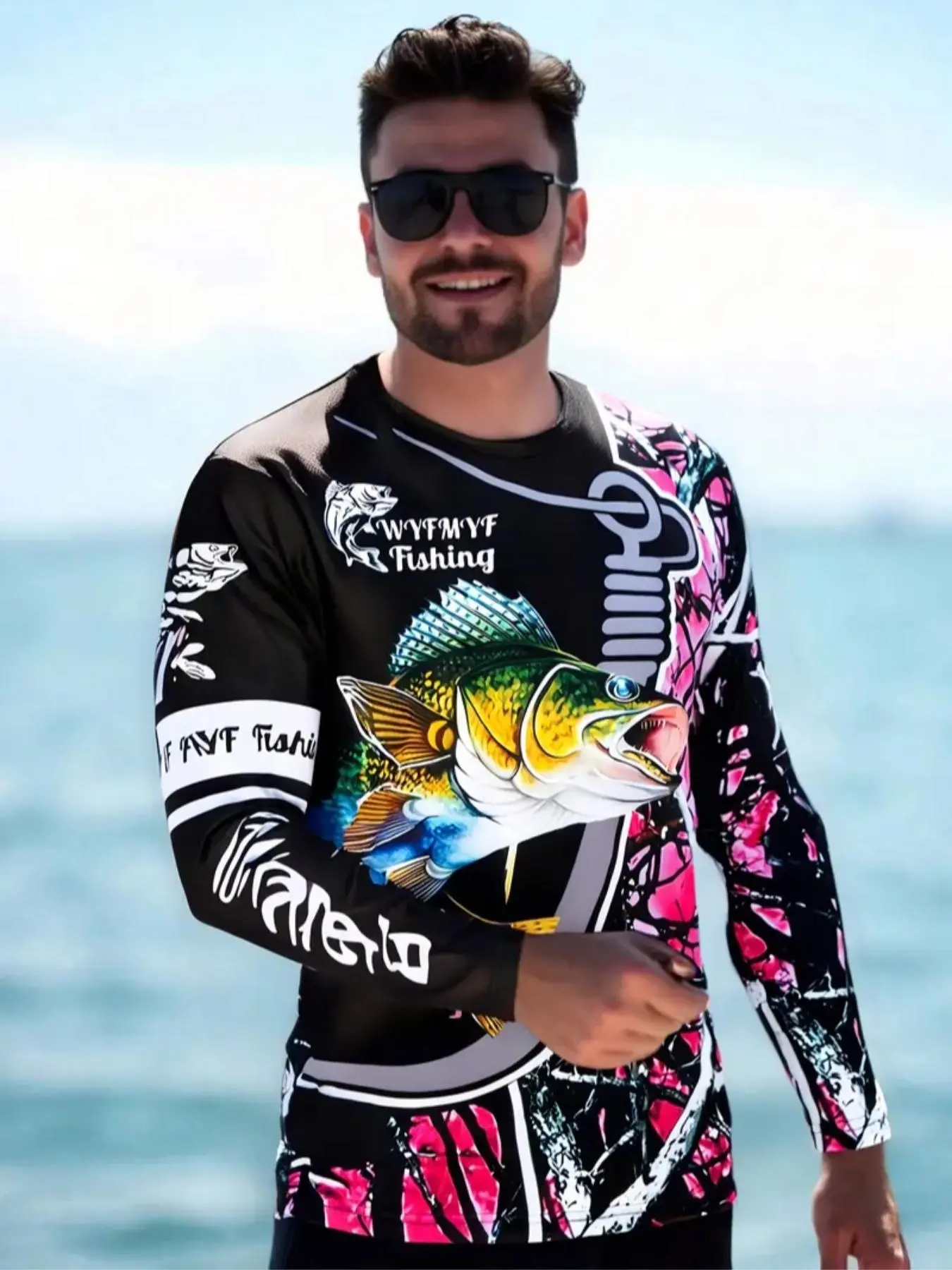 Creative printed Unique Print fishing shirt with cool patterns, breathable sun protection, quick-drying, long-sleeved T-shirt, Casual Sporty Top, outdoor fishing casual top