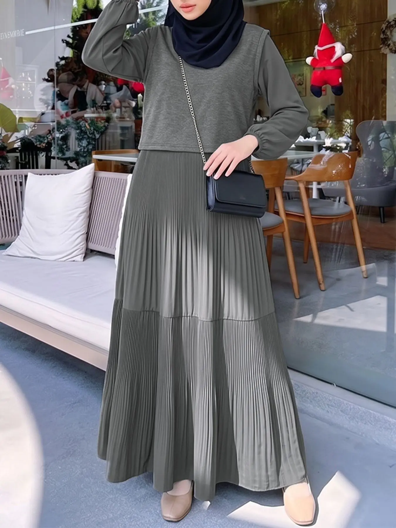 Women's Round Neck Long Sleeve Dress, Hijabi Cute Dresses, No Pockets, Loose-Fitting, Patchwork Pattern, Casual Style, Spring & Fall Wear, Daily