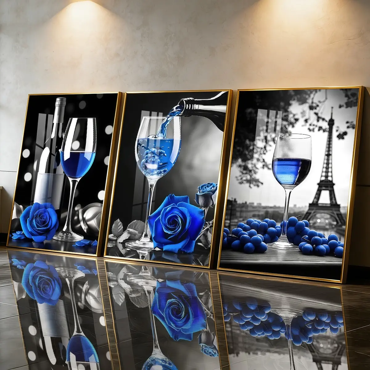 3 Count Aluminum Alloy Frame Canvas， Blue Wine And Rose Fashion Poster， Modern Living Room Decoration， Light Luxury Family Art， Suitable For Bedroom， Corridor And Office Wall Decor， Gift