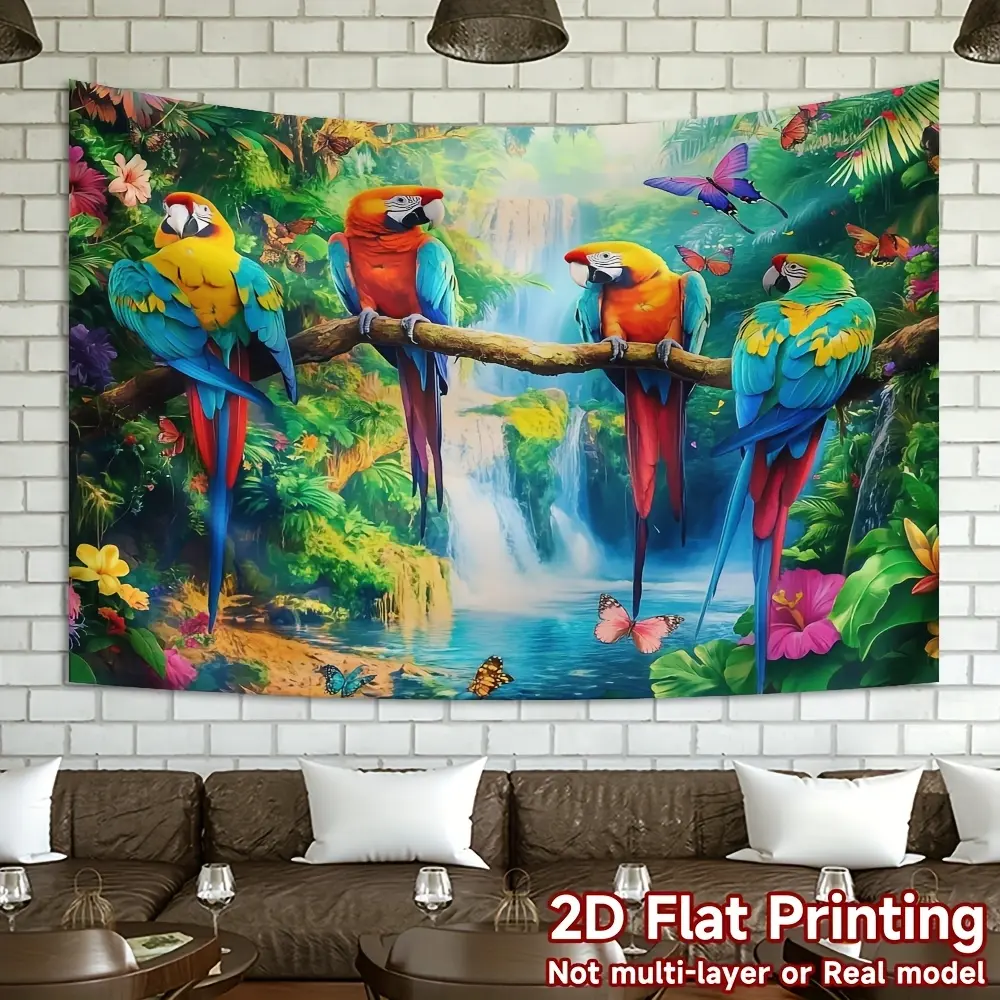 Tapestry Tropical Parrots And Exotic Flowers in Lush Jungle Scene Animal Theme Durable Polyester, Best for Indoor And Outdoor Supplies Decor