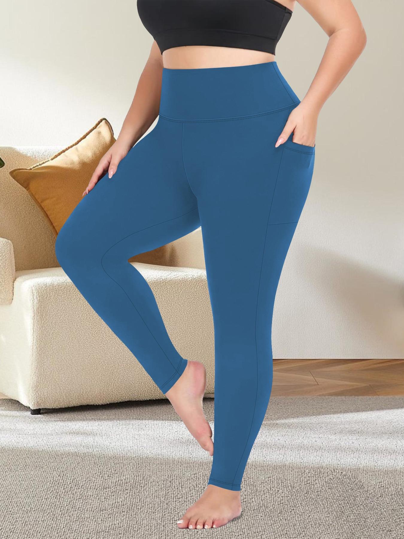 Plus Size Solid High Waist Pocket Leggings, Casual Comfy High Stretch Skin-friendly Skinny Pants for Women, Women's Bottoms for All Seasons