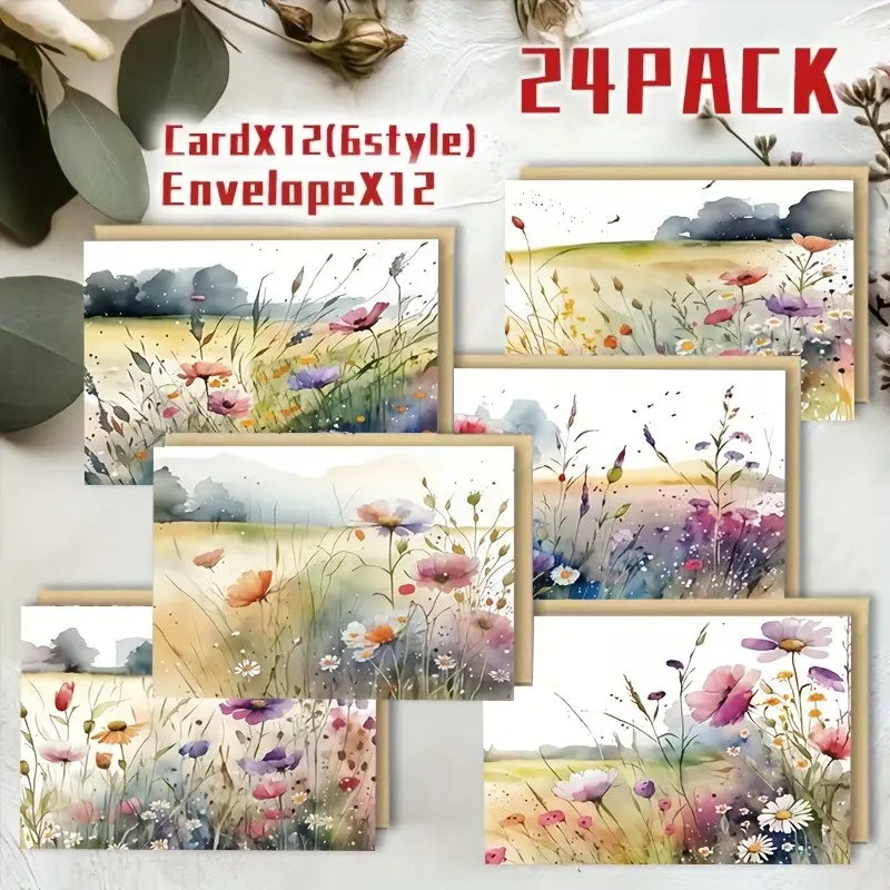 24pcs Wildflower Watercolor Greeting Card Set with Envelopes, Perfect for Friends, Teachers, Colleagues, Birthdays, Holidays, Weddings