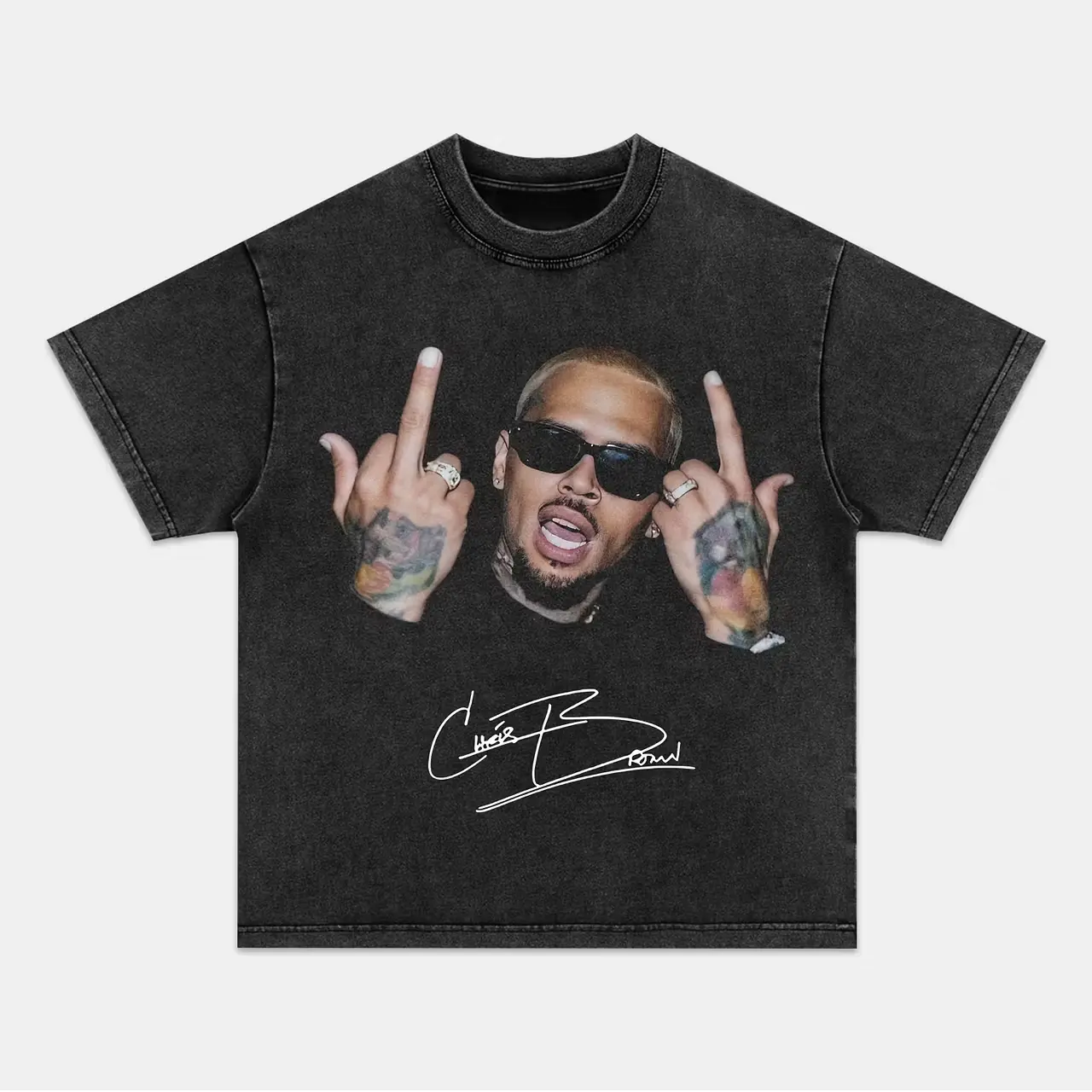 Retro CB Chris B Double Middle Finger Hand Tattoo Portrait With Handwritten Cursive Signature Full Front Graphic Vintage Washed Black Oversized Heavyweight Cotton Streetwear T-Shirt, Unisex R&B Hip Hop Rap Fan Apparel
