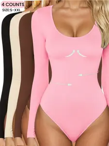 Women's Ribbed Abdomen Control Bodysuit, Long Sleeve Seamless T Shirt,Comfortable Scoop Neck Body Suit Stretchy Basic Tops, Fit Soft Elastic Fabric, Perfect For Daily Wear and  Going Out,Shapewear For Fall&Winter